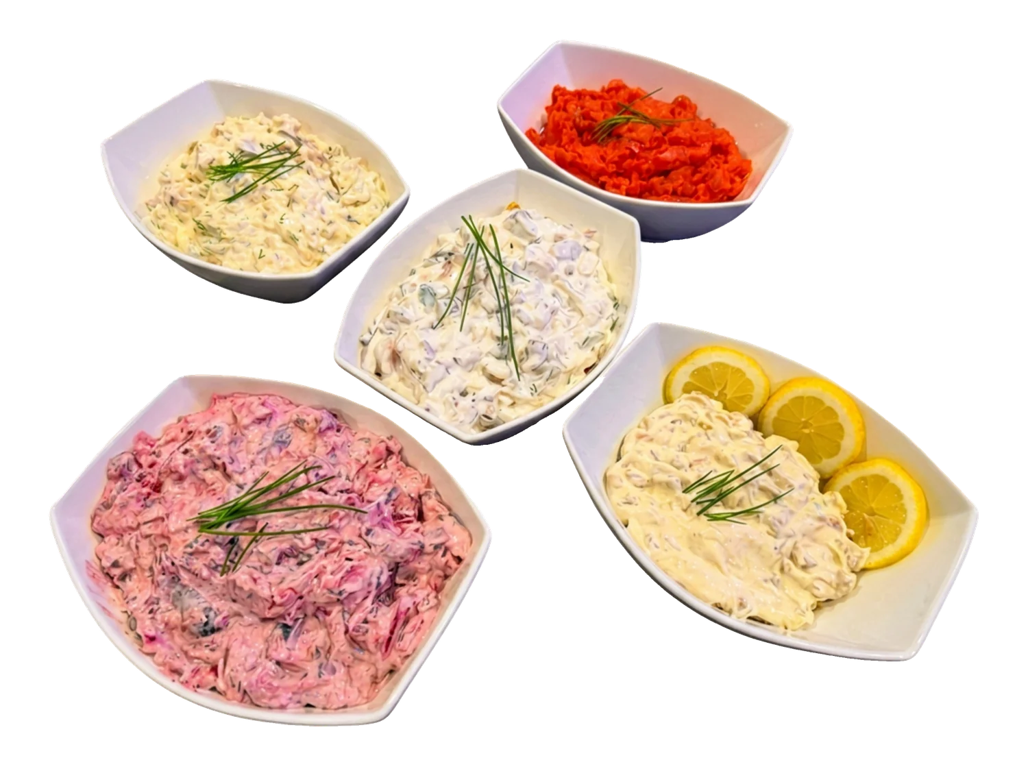 Feinkost von Morelle — fünf Schalen hausgemachte Fisch- und Feinkostsalate: Eiersalat, Bismarck-Salat, Matjes-Hausfrauenart, Roter Heringssalat und Lachstatar mit Dill und Zitrone
